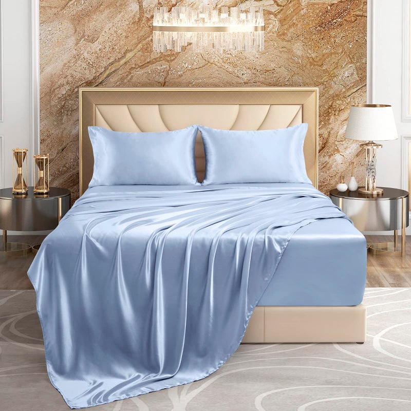 VACVELT 4pcs Extra Deep Pocket Queen Size Bedding Set  Baby Blue Luxury Satin Sheet Set Fit 18-24 Inch Deep Pocket Mattress  Soft & Ultra Deep Fitted Sheet Set - Image 2